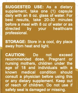 The MemoHoney label's suggested use, storage and caution text, as printed on the bottle