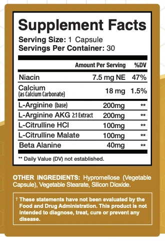 The MemoHoney Supplement Facts panel: serving size 1 capsule, 30 servings, niacin 7.5 mg NE, calcium 18 mg, L-arginine 200 mg, L-arginine AKG 200 mg, L-citrulline HCl 100 mg, L-citrulline malate 100 mg, beta alanine 40 mg