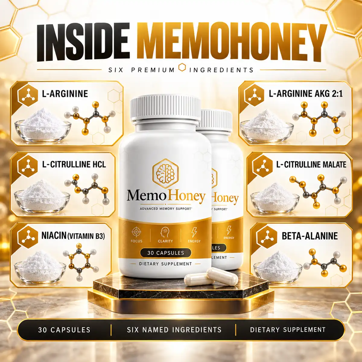 MemoHoney ingredient graphic alongside the product